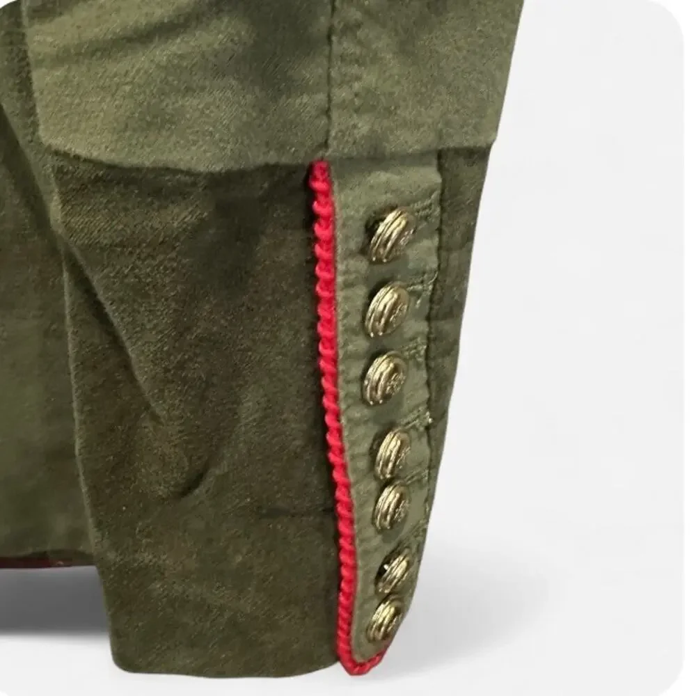 Free People Army Green Military Jacket XS Braided Trim Victorian Cotton